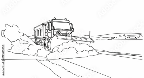 A snowplow truck clearing a snowy road in winter. Continuous single line art drawing. Monochrome heavy machinery graphic isolated on a white background