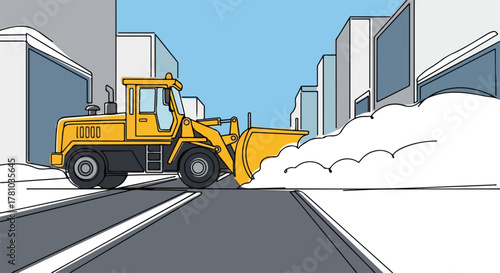 A snowplow clearing a snowy city street. Winter road maintenance and public services concept. Line art style graphic