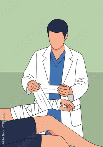 A doctor wraps a bandage on an injured patient's arm. Medical first aid and physical therapy concept. Flat design cartoon graphic