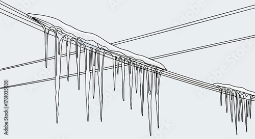 Thick icicles hanging from electrical wires. A winter ice storm and cold weather hazard concept. Simple line art drawing