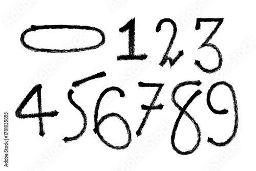 Counting from zero to nine, hand written, brush strokes,  black textured, vector illustration