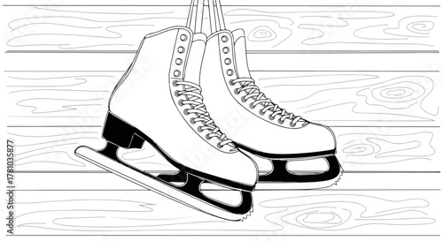 Line art drawing of figure skates hanging on a wooden wall. Winter sport coloring book page. Black and white graphic of ice skating equipment