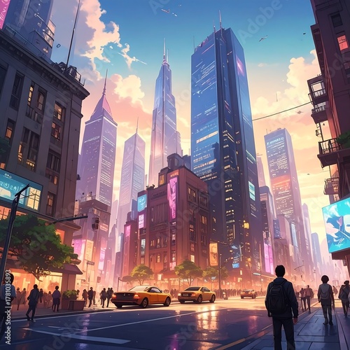Animated cityscape scene with skyscrapers, traffic, and pedestrians