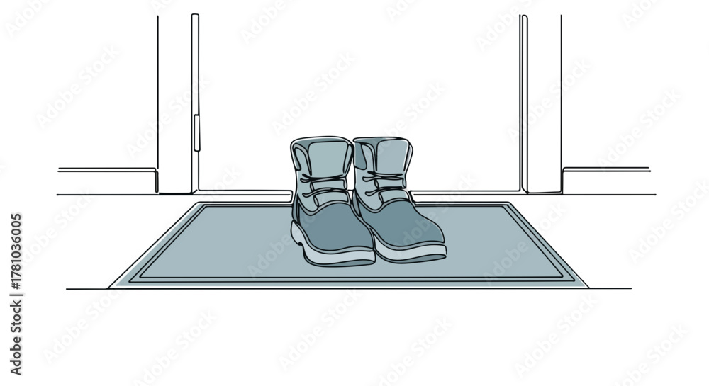 Fototapeta premium Continuous one-line drawing of winter boots on a doormat. Minimalist seasonal footwear concept. Simple line art sketch for home and entrance themes