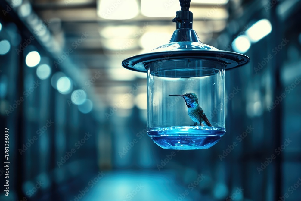 Obraz premium A vibrant hummingbird is confined within a modern glass feeder, illuminated in a cool blue urban environment, contrasting nature with artificiality.