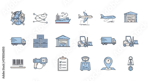 Hand-drawn blue and grey logistics and shipping icons set, featuring transport, warehouse, and delivery symbols.