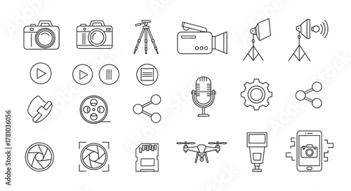 Hand-drawn collection of photography and videography line art icons. Sketch style media equipment symbols including camera, drone, and microphone.