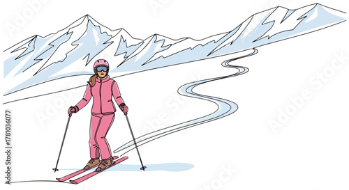 Woman skiing on a snowy mountain slope. Continuous one-line art of a winter sport activity. Minimalist alpine skier graphic