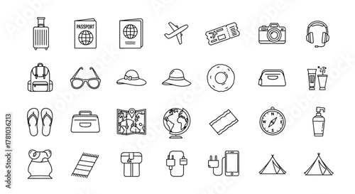 Hand-drawn travel and vacation doodle icons set, black outline sketch style collection.