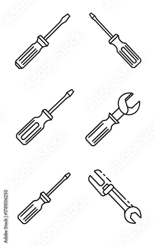 Hand-drawn Tools - Screwdrivers and Wrenches, Black and White Line Art.