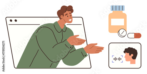 Doctor gesturing from screen paired with medication and digital diagnosis interface. Ideal for telehealth, telemedicine, virtual appointments, online pharmacy, medical advice, technology in