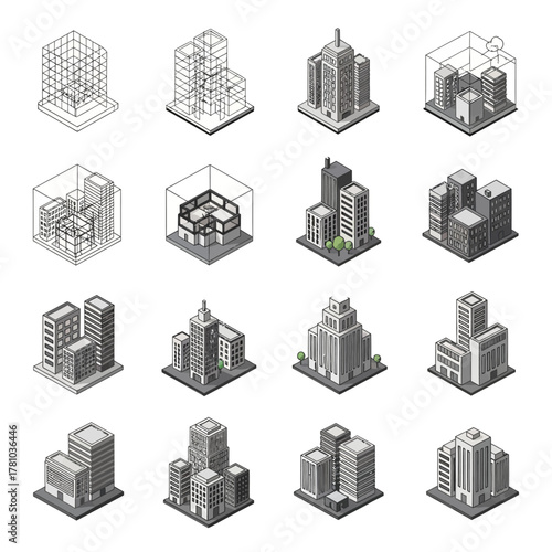 Isometric grayscale city building icons set, featuring detailed architectural designs and wireframe models.