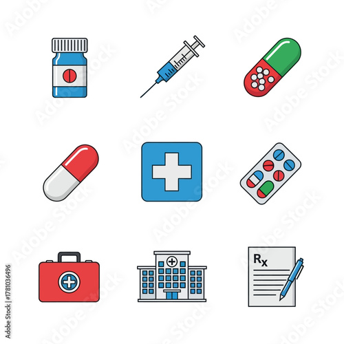 Medical Icons Set - Pills, Syringe, Hospital, First Aid Kit, Prescription, and More.