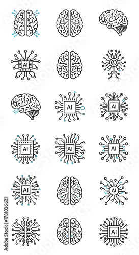 Minimalist line art icons of human brains and AI microchips with radiating circuitry, symbolizing intelligence and technology.