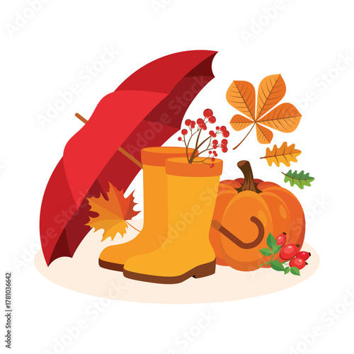 Yellow wellies and red umbrella autumn still life vector illustration. Yellow rubber boots, open umbrella, autumn leaves, pumpkin and rosehip icons on a white background. Fall group of objects drawing