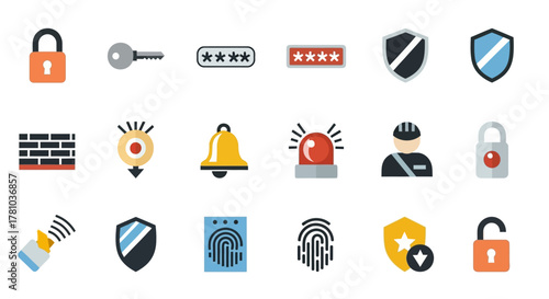 Set of colorful flat design security and protection icons, including locks, keys, shields, alarms, and fingerprints.