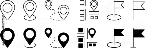 Collection of location pin icons and map markers in outline and solid styles