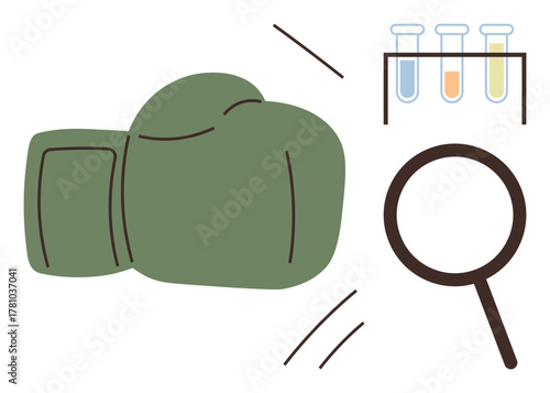 Boxing glove, magnifying glass, and test tubes symbolizing resilience, scientific discovery, and analytical processes. Ideal for science, innovation, challenges, research problem-solving