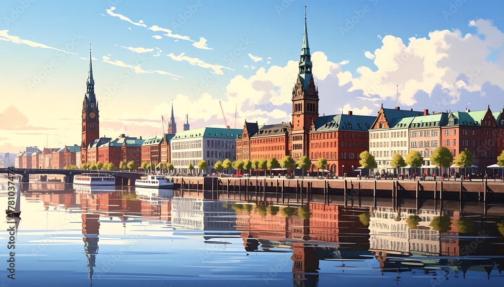 Fototapeta premium Animated cityscape with tall steeples and reflecting buildings