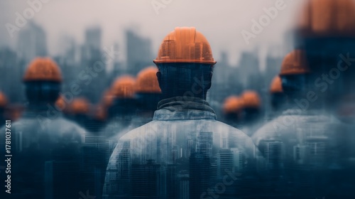 A silhouette of construction workers wearing orange helmets, set against a blurred cityscape, depicting themes of labor and urban development.