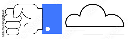 Closed fist in a blue sleeve facing a cloud outline with motion lines. Ideal for teamwork, resilience, conflict resolution, problem-solving, determination, productivity, simple flat metaphor
