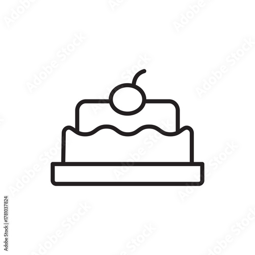 A line drawing of a twolayered cake topped with a cherry The cake rests on a rectangular base
