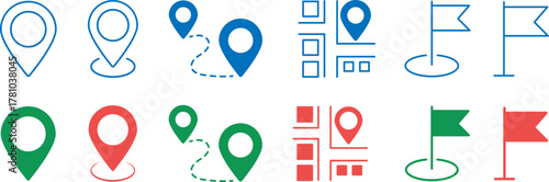 Collection of map pin icons and flags for navigation and location