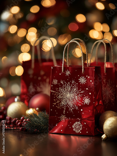 Close-up of glossy red Christmas shopping bags with white snowflake designs, surrounded by golden ornaments and pine branches, glowing holiday lights in the background, warm cozy mood, high contrast p