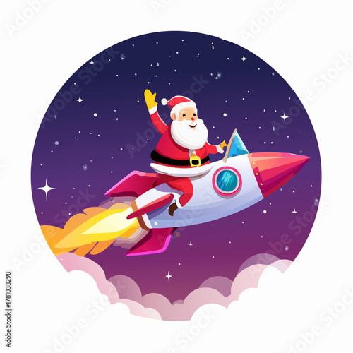 Whimsical vector art depicts Santa Claus cheerfully riding a brightly colored rocket across the luminous, star-studded galaxy, bringing Christmas excitement to all