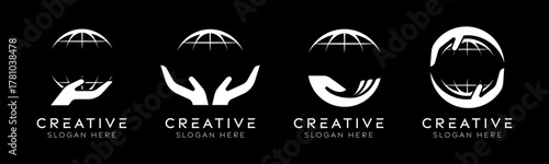 Set of caring for the earth logo design templates. Modern isolated globe with hand design for recycling, environment and recovery.