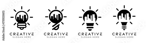 Set of smart city logo design templates. Modern isolated city with bulb design for urban technology, renewable energy, and innovation.