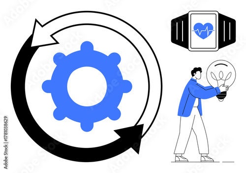 Gear encircled by arrows, smartwatch displaying health metrics, and person holding lightbulb. Ideal for innovation, process efficiency, health tech, productivity, creativity, technology simple flat