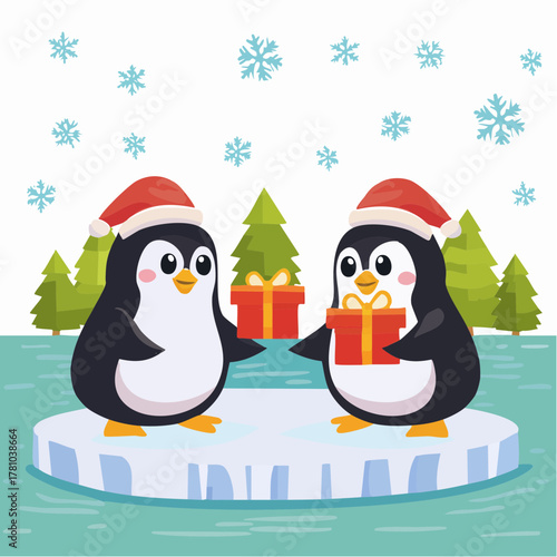 Two adorable penguins wearing Santa hats exchange gifts while standing on an ice floe surrounded by snow and pine trees