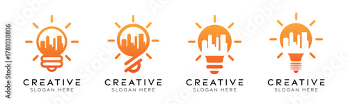 Set of smart city logo design templates. Modern isolated city with bulb design for urban technology, renewable energy, and innovation.