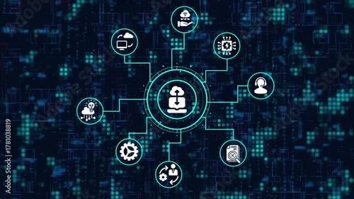 Cloud technology concept with digital icons connected to a central node, representing modern software development and data management solutions for business innovation