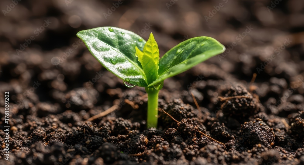 Fototapeta premium Young green seedling emerging in rich brown soil with sunlight