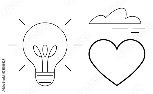 Lightbulb with sprouts, heart, and cloud outline symbolizing ideas, emotions, innovation, nature, and dreams. Ideal for creativity, love eco-consciousness imagination self-care hope simplicity