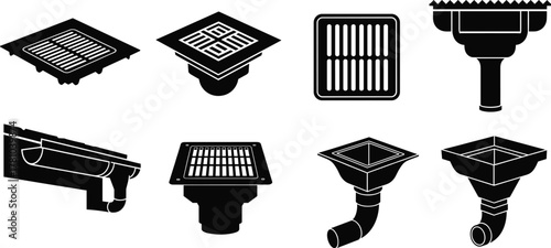 Roof drain silhouettes, plumbing components, rainwater system, architectural drainage, black icons, construction tools, pipe outlet, grate design, illustration set