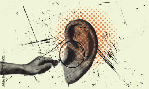 Deep Listening and Market Research: Magnifying Glass Examines a Human Ear, Symbolizing Focused Communication, Customer Feedback, Secrets, and Investigation.