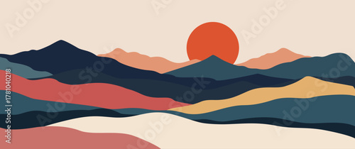 Layered hills and bold sunset over a Boho abstract mountain landscape, warm neutral earth tones textured digital painting for prints and modern wall art