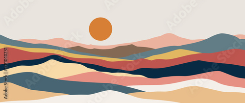 Boho abstract mountain landscape with layered hills and bold sunset in warm neutral earth tones, textured digital painting for prints, modern wall art