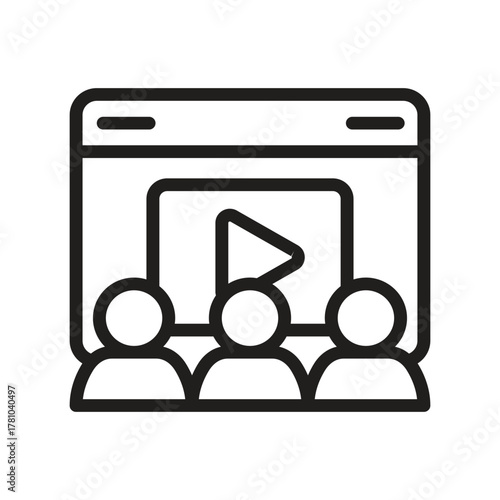 A minimalist black and white line art icon of a video conference with three viewers and a play button