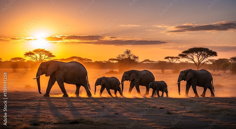 Fototapeta premium Elephant Family Walking at Sunset in African Savannah.