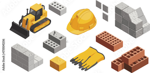 Isometric construction equipment illustration with bulldozer, safety helmet, gloves, bricks, pipes, and building materials isolated on white background