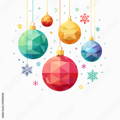 Modern abstract Christmas ornaments featuring polygonal facets and vibrant gradient colors, beautifully arranged with decorative snowflakes and stars for a festive vector composition