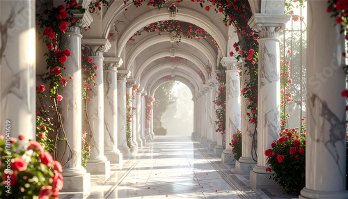 大理石の柱と赤いバラが美しい回廊。光が差し込む優雅な建築様式。 generative ai