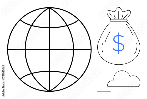 Large globe representing global connections, money bag symbolizing finance, and cloud hinting at digital storage or online concepts. Ideal for trade, business, networking, economy, globalization