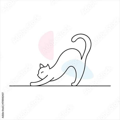 Minimalist Line Art Cat Stretching with Pastel Shapes