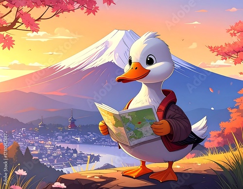 Animated duck with a map, enjoying the scenery in front of a mountain