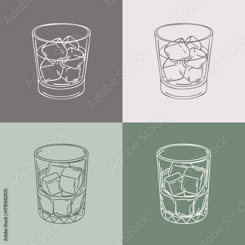 Collection of whiskey glasses with ice cubes. Line art.